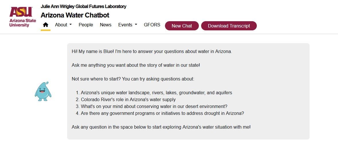 An Arizona State University climate tech project uses AI to provide water conservation information and suggestions for responsible water use via a simple, personable chatbot called “Blue.” (Screenshot of azwaterbot.org)