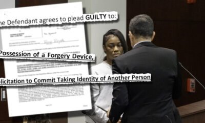 Katrina Woods stands next to her attorney, Ron Reyna, during her arraignment at Pinal County Superior Court on May 9,. 2025. Top: Snippets from court records show what Woods pleaded to in her county case. [David Iversen/Pinal County Superior Court/graphic]