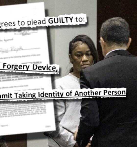 Katrina Woods stands next to her attorney, Ron Reyna, during her arraignment at Pinal County Superior Court on May 9,. 2025. Top: Snippets from court records show what Woods pleaded to in her county case. [David Iversen/Pinal County Superior Court/graphic]