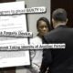 Katrina Woods stands next to her attorney, Ron Reyna, during her arraignment at Pinal County Superior Court on May 9,. 2025. Top: Snippets from court records show what Woods pleaded to in her county case. [David Iversen/Pinal County Superior Court/graphic]