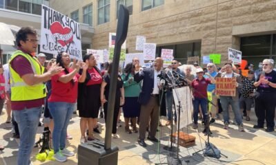 U.S. Rep. Glenn Ivey,  a Maryland Democrat who represents the district where Kilmar Abrego Garcia and his wife live, led the chant “bring him home” outside the U.S. District Court in Greenbelt before a hearing in Abrego Garcia’s case last month. (Photo by Ariana Figueroa/States Newsroom)