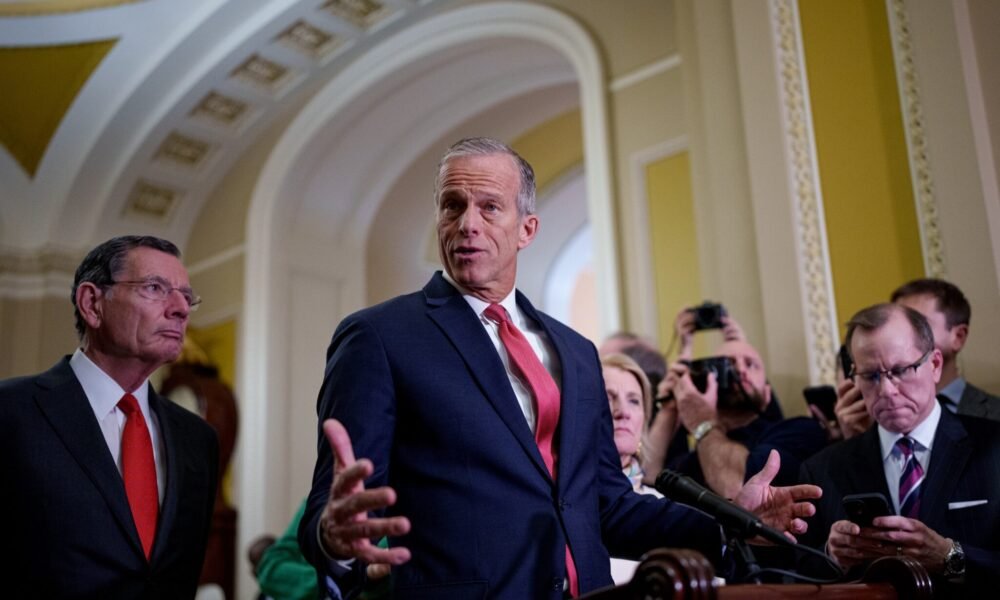 Senate Majority Leader John Thune, R-S.D., center, accompanied by Sen. John Barrasso, R-Wyo., left, and Sen. Shelley Moore Capito, R-W.Va., right, speaks to reporters following a weekly Republican policy luncheon at the U.S. Capitol on Feb. 19, 2025 in Washington, D.C. (Photo by Andrew Harnik/Getty Images)