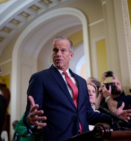 Senate Majority Leader John Thune, R-S.D., center, accompanied by Sen. John Barrasso, R-Wyo., left, and Sen. Shelley Moore Capito, R-W.Va., right, speaks to reporters following a weekly Republican policy luncheon at the U.S. Capitol on Feb. 19, 2025 in Washington, D.C. (Photo by Andrew Harnik/Getty Images)