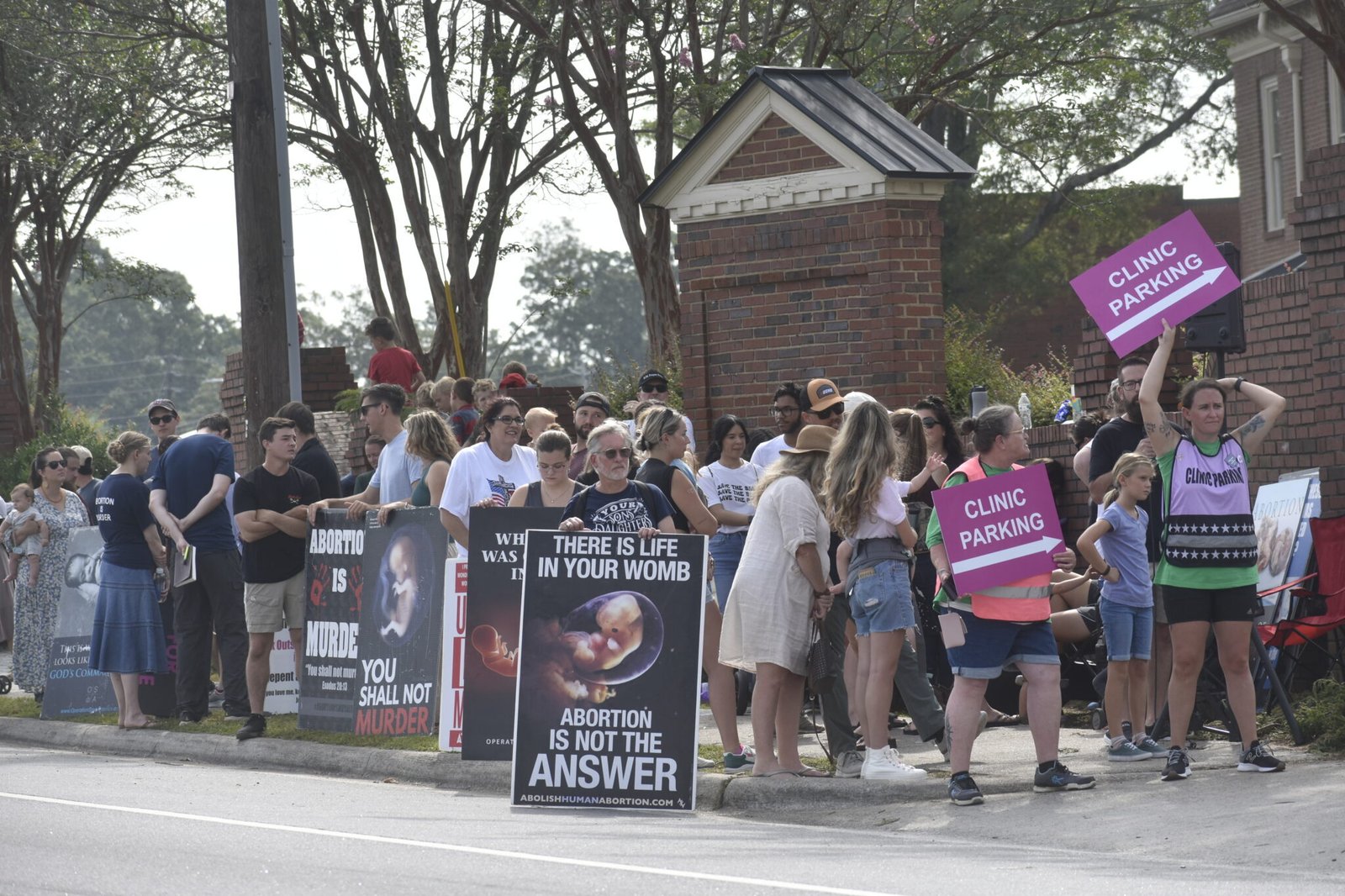 Anti-abortion protesters gather outside A Preferred Women’s Health Center of Atlanta in Forest Park in July 2023. (Photo by Ross Williams/Georgia Recorder)