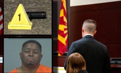 Top left: A handgun photographed at the scene of a May 15 shooting in Rancho Mirage. Bottom left: Thomas Ray Crew faces life in prison. Background: Attorneys discuss Crew's case in Pinal County Superior Court May 30, 2025. [David Iversen, Pinal County Sheriff's Office/graphic]