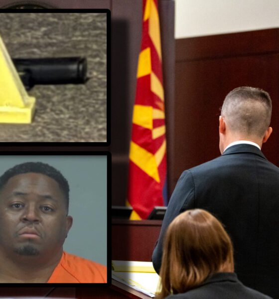 Top left: A handgun photographed at the scene of a May 15 shooting in Rancho Mirage. Bottom left: Thomas Ray Crew faces life in prison. Background: Attorneys discuss Crew's case in Pinal County Superior Court May 30, 2025. [David Iversen, Pinal County Sheriff's Office/graphic]