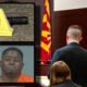 Top left: A handgun photographed at the scene of a May 15 shooting in Rancho Mirage. Bottom left: Thomas Ray Crew faces life in prison. Background: Attorneys discuss Crew's case in Pinal County Superior Court May 30, 2025. [David Iversen, Pinal County Sheriff's Office/graphic]