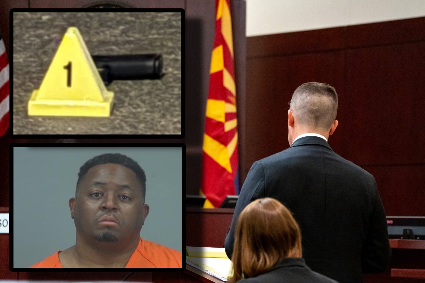 Top left: A handgun photographed at the scene of a May 15 shooting in Rancho Mirage. Bottom left: Thomas Ray Crew faces life in prison. Background: Attorneys discuss Crew's case in Pinal County Superior Court May 30, 2025. [David Iversen, Pinal County Sheriff's Office/graphic]