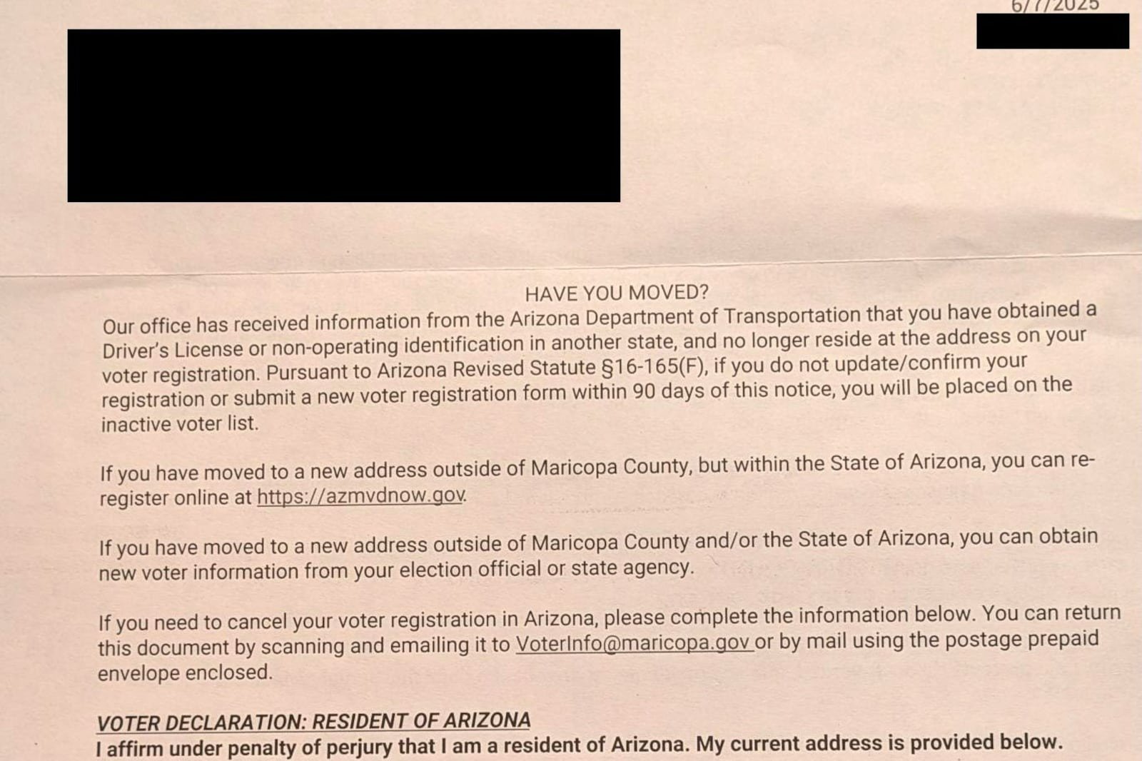 Maricopa County Recorder’s Office mails incorrect letters to 83,000 voters