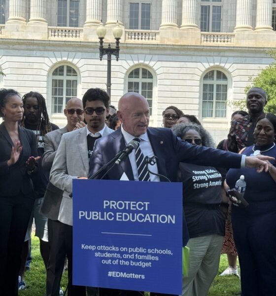 U.S. Sen. Mark Kelly, an Arizona Democrat, speaks at a rally June 12, 2025, on Capitol Hill in Washington, D.C. (Photo by Shauneen Miranda/States Newsroom)