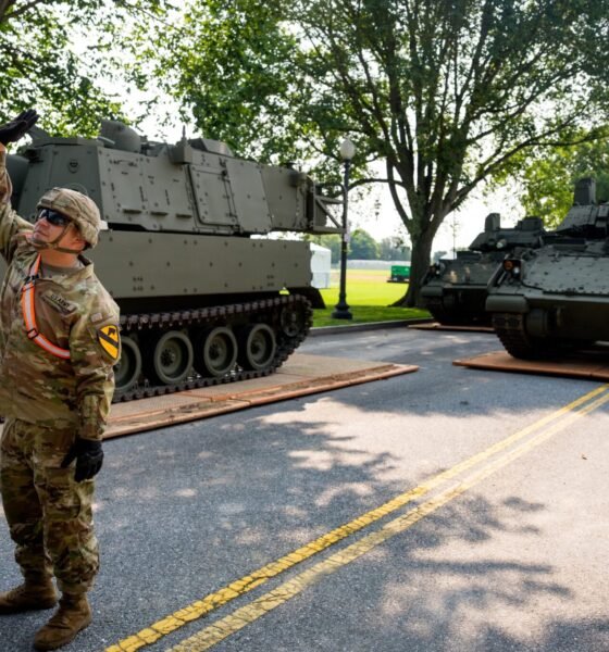 U.S. Army soldiers work on an assortment of M1 Alpha a3 Abrams tanks, stryker armored vehicles, and M2 Bradley fighting vehicles at West Potomac Park along the Potomac River on June 11, 2025 in Washington, D.C. Tanks and other heavy military equipment have arrived in the nation