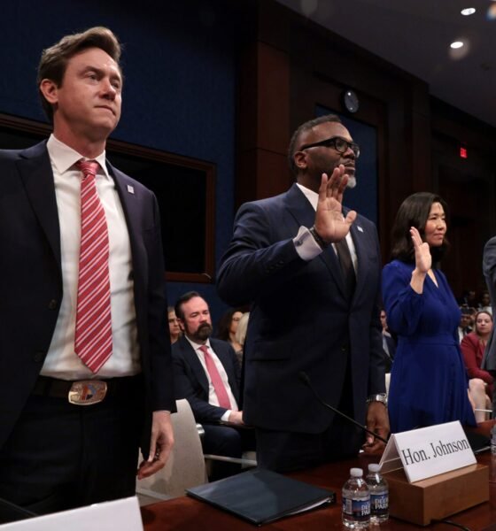 Left to right, Denver Mayor Michael Johnston, Chicago Mayor Brandon Johnson, Boston Mayor Michelle Wu and David J. Bier, director of immigration studies at the Cato Institute, are sworn in during a House Oversight and Government Reform Committee hearing on sanctuary cities' policies at the U.S. Capitol on March 5, 2025 in Washington, D.C.  (Photo by Alex Wong/Getty Images)