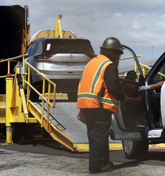 New Nissan cars are driven onto a rail car to be transported from an automobile processing terminal located at the Port of Los Angeles on April 3, 2024, in Wilmington, California.  Tariffs are being levied by President Donald Trump on most foreign vehicles and auto parts.  (Photo by Mario Tama/Getty Images)