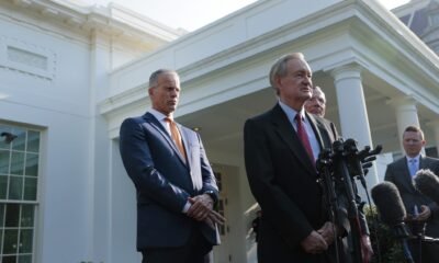 U.S. Senate Majority Leader John Thune, R-S.D., left, listens as Sen. Mike Crapo, R-Idaho, speaks to reporters outside of the West Wing of the White House on June 4, 2025 in Washington, D.C.  after a meeting with President Donald Trump. (Photo by Anna Moneymaker/Getty Images)