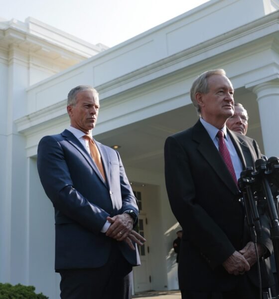 U.S. Senate Majority Leader John Thune, R-S.D., left, listens as Sen. Mike Crapo, R-Idaho, speaks to reporters outside of the West Wing of the White House on June 4, 2025 in Washington, D.C.  after a meeting with President Donald Trump. (Photo by Anna Moneymaker/Getty Images)
