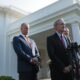 U.S. Senate Majority Leader John Thune, R-S.D., left, listens as Sen. Mike Crapo, R-Idaho, speaks to reporters outside of the West Wing of the White House on June 4, 2025 in Washington, D.C.  after a meeting with President Donald Trump. (Photo by Anna Moneymaker/Getty Images)
