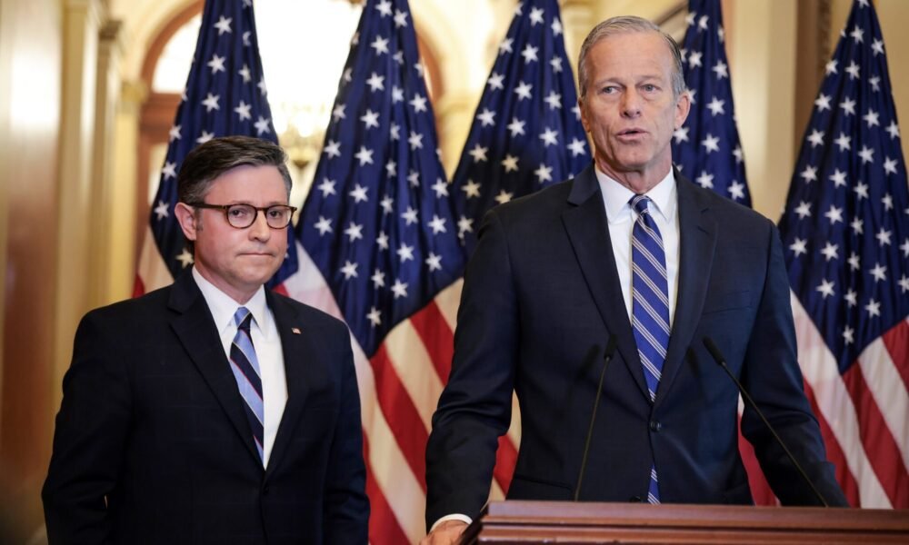 U.S. Senate Majority Leader John Thune, R-S.D., right, and Speaker of the House Mike Johnson, R-La., hold a press conference on the Republican budget bill at the U.S. Capitol on April 10, 2025 in Washington, D.C. (Photo by Kayla Bartkowski/Getty Images)