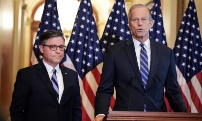 U.S. Senate Majority Leader John Thune, R-S.D., right, and Speaker of the House Mike Johnson, R-La., hold a press conference on the Republican budget bill at the U.S. Capitol on April 10, 2025 in Washington, D.C. (Photo by Kayla Bartkowski/Getty Images)