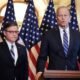 U.S. Senate Majority Leader John Thune, R-S.D., right, and Speaker of the House Mike Johnson, R-La., hold a press conference on the Republican budget bill at the U.S. Capitol on April 10, 2025 in Washington, D.C. (Photo by Kayla Bartkowski/Getty Images)