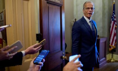 Senate Majority Leader John Thune, R-S.D., speaks to reporters as returns to his office from the Senate chamber at the U.S. Capitol Building on June 30, 2025 in Washington, D.C. (Photo by Andrew Harnik/Getty Images)