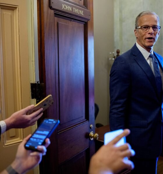 Senate Majority Leader John Thune, R-S.D., speaks to reporters as returns to his office from the Senate chamber at the U.S. Capitol Building on June 30, 2025 in Washington, D.C. (Photo by Andrew Harnik/Getty Images)