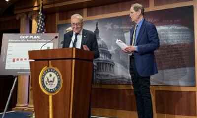 U.S. Senate Minority Leader Chuck Schumer, D-N.Y., speaks during a press conference inside the Capitol building on Wednesday, June 18, 2025. Oregon Democratic Sen. Ron Wyden is at right. (Photo by Jennifer Shutt/States Newsroom)