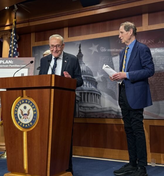 U.S. Senate Minority Leader Chuck Schumer, D-N.Y., speaks during a press conference inside the Capitol building on Wednesday, June 18, 2025. Oregon Democratic Sen. Ron Wyden is at right. (Photo by Jennifer Shutt/States Newsroom)