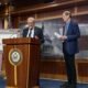 U.S. Senate Minority Leader Chuck Schumer, D-N.Y., speaks during a press conference inside the Capitol building on Wednesday, June 18, 2025. Oregon Democratic Sen. Ron Wyden is at right. (Photo by Jennifer Shutt/States Newsroom)