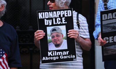 A protester holds a photo of Maryland man Kilmar Abrego Garcia as demonstrators gather to protest against the deportation of immigrants to El Salvador outside the Permanent Mission of El Salvador to the United Nations on April 24, 2025. (Photo by Michael M. Santiago/Getty Images)