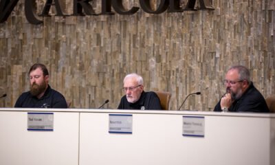 Maricopa Planning and Zoning Commission Chair James Singleton sits at the dais with Commissioners Ted Yocum and Robert Klob during a meeting June 9, 2025. [Monica D. Spencer]