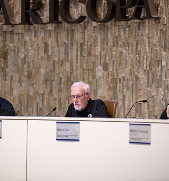 Maricopa Planning and Zoning Commission Chair James Singleton sits at the dais with Commissioners Ted Yocum and Robert Klob during a meeting June 9, 2025. [Monica D. Spencer]