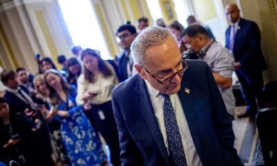 Senate Minority Leader Chuck Schumer, D-N.Y., walks back onto the Senate floor after speaking to reporters at the U.S. Capitol Building on June 30, 2025 in Washington, D.C. (Photo by Andrew Harnik/Getty Images)