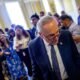 Senate Minority Leader Chuck Schumer, D-N.Y., walks back onto the Senate floor after speaking to reporters at the U.S. Capitol Building on June 30, 2025 in Washington, D.C. (Photo by Andrew Harnik/Getty Images)
