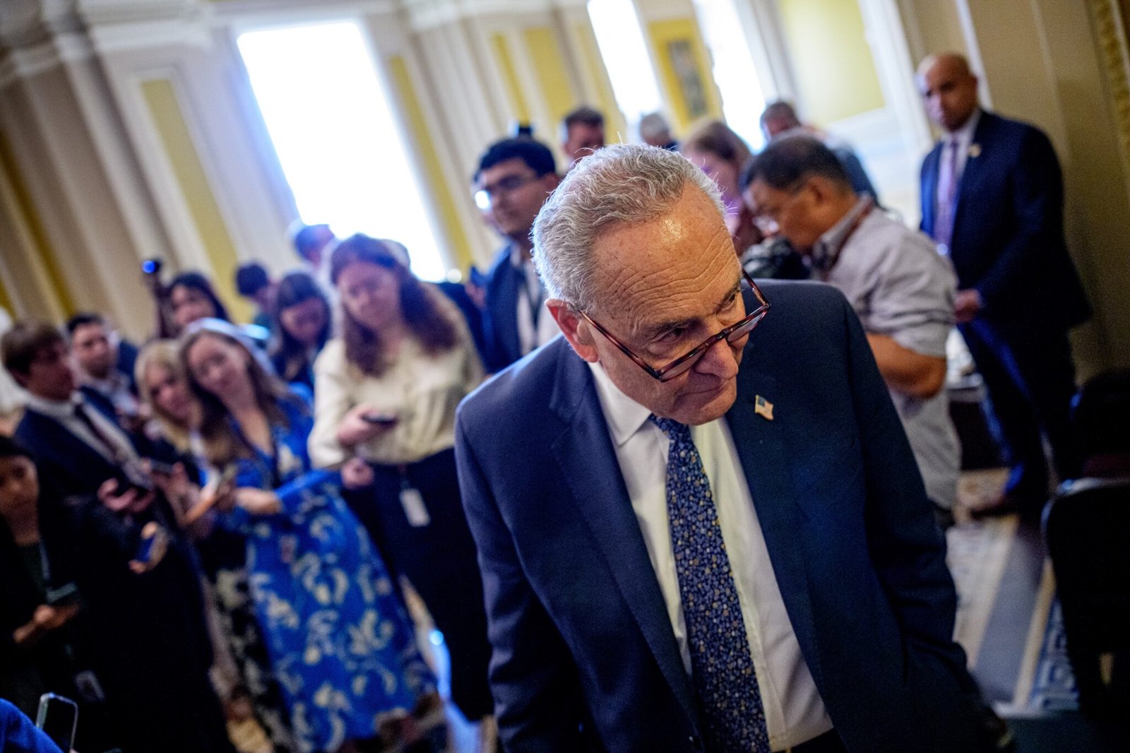 Senate Minority Leader Chuck Schumer, D-N.Y., walks back onto the Senate floor after speaking to reporters at the U.S. Capitol Building on June 30, 2025 in Washington, D.C. (Photo by Andrew Harnik/Getty Images)