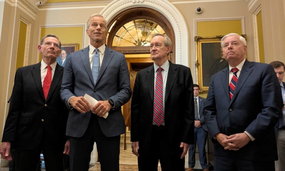 Republican Sens. John Barrasso of Wyoming, John Thune of South Dakota, Mike Crapo of Idaho and Lindsey Graham of South Dakota speak to reporters after passage of their sweeping tax break and spending cut bill on Tuesday, July 1, 2025. (Photo by Ashley Murray/States Newsroom)
